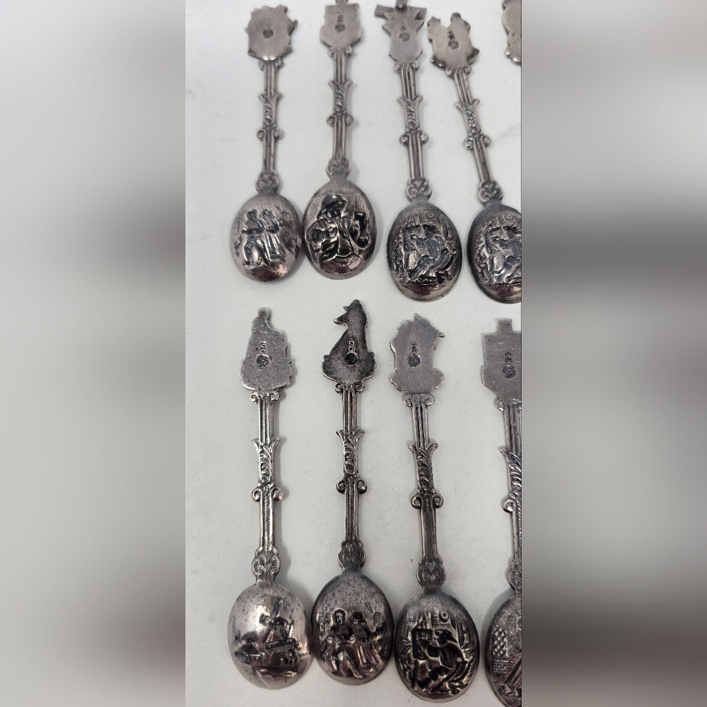 Vtg Holland Dutch demitasse mini spoons stamped novelty ornate figural set of 12 - Picture 8 of 10